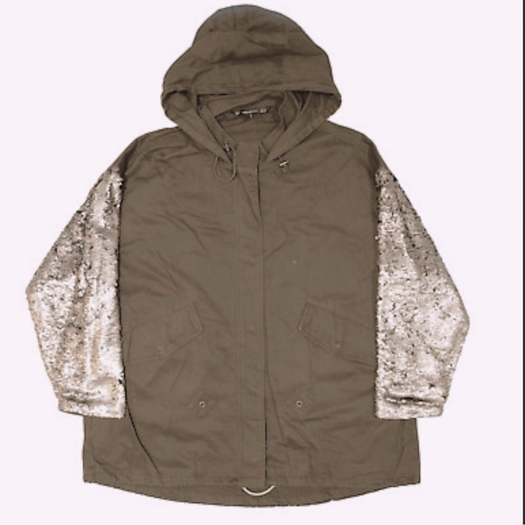 Zara Changing Sequin Sleeve Parka Olive Green Utility Jacket Shiny Sparkly - Picture 10 of 16